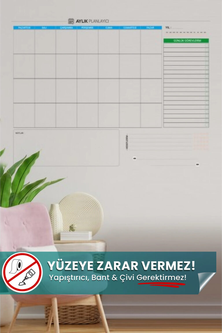 90x70 cm Şeffaf Aylık Planlayıcı Statik Akıllı Kağıt (Yapışkansız, Yaz-Sil)