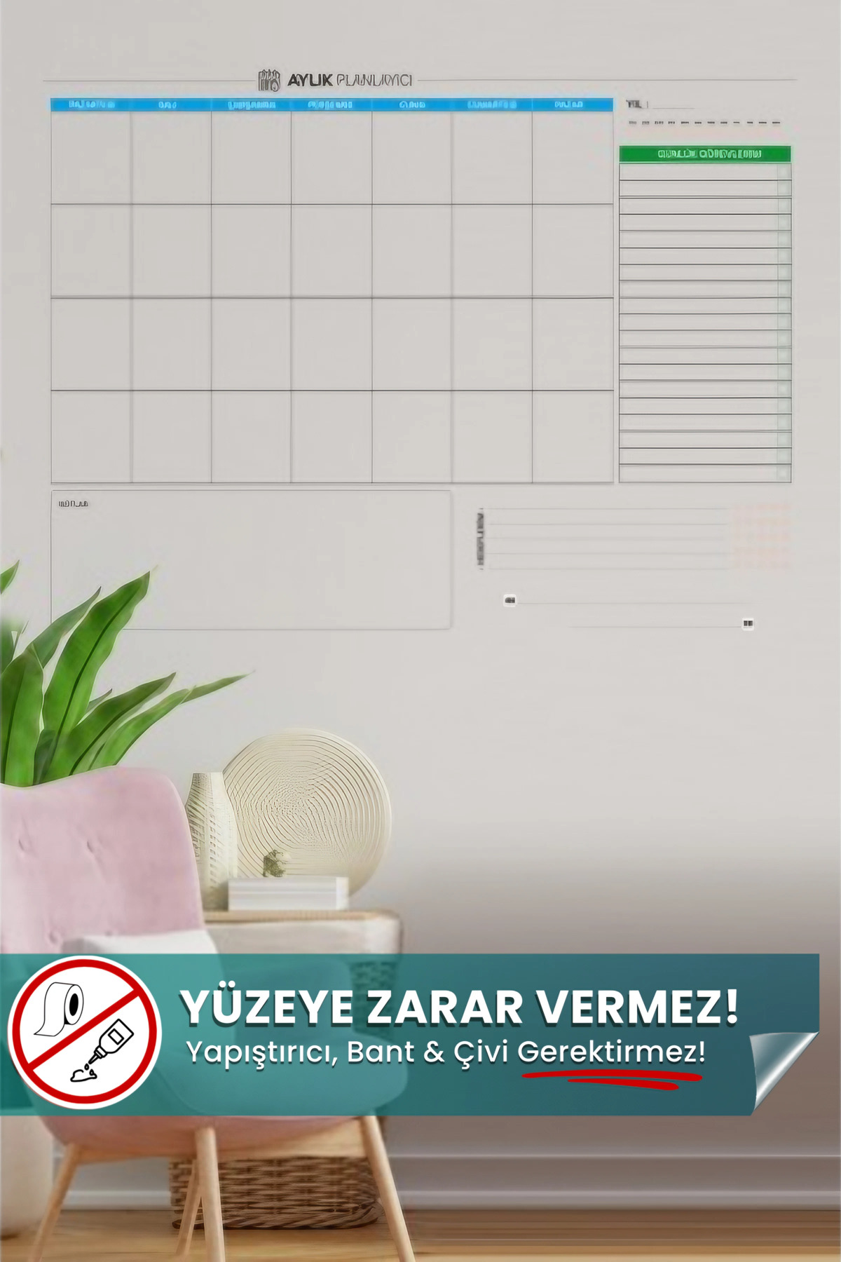 90x70 cm Şeffaf Aylık Planlayıcı Statik Akıllı Kağıt (Yapışkansız, Yaz-Sil)