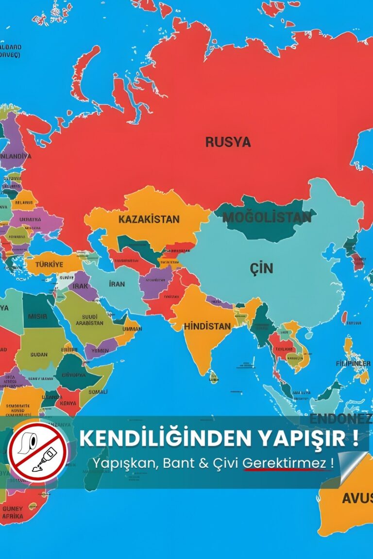 Renkli Dünya Haritası - Kendiliğinden Tutunan Statik Akıllı Kağıt (118x56 cm)