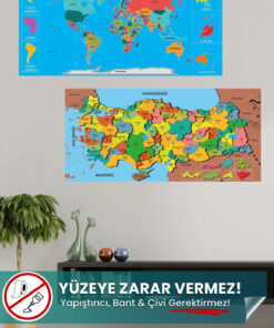 Renkli Dünya ve Türkiye Haritası - Yapışkansız Tutunan, Yeri Değiştirilebilir, Statik Akıllı Kağıt