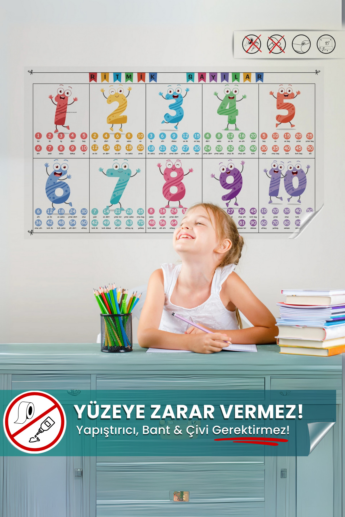 Pi Papers Ritmik Sayma Tablosu – Statik Akıllı Kağıt, Yazılıp Silinebilir Eğitici Pano (100x56 cm)