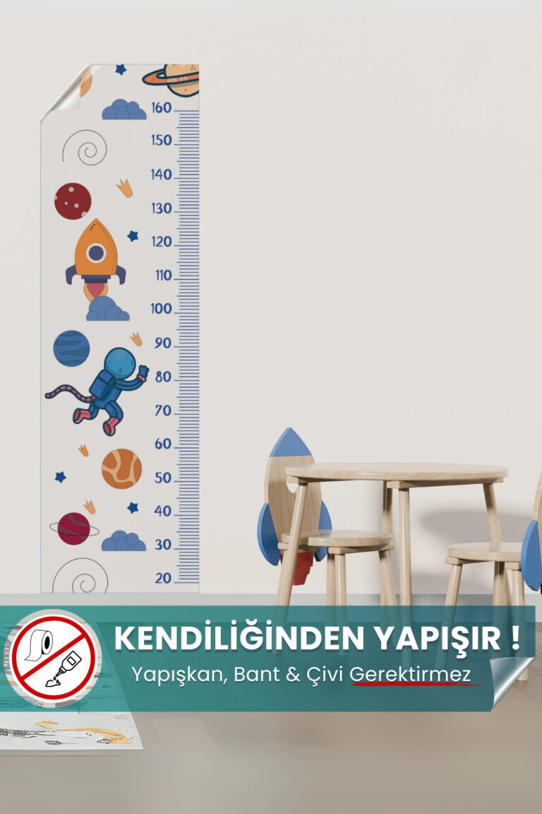 Roket ve Uzay Temalı Boy Cetveli yapışkansız statik akıllı kağıt