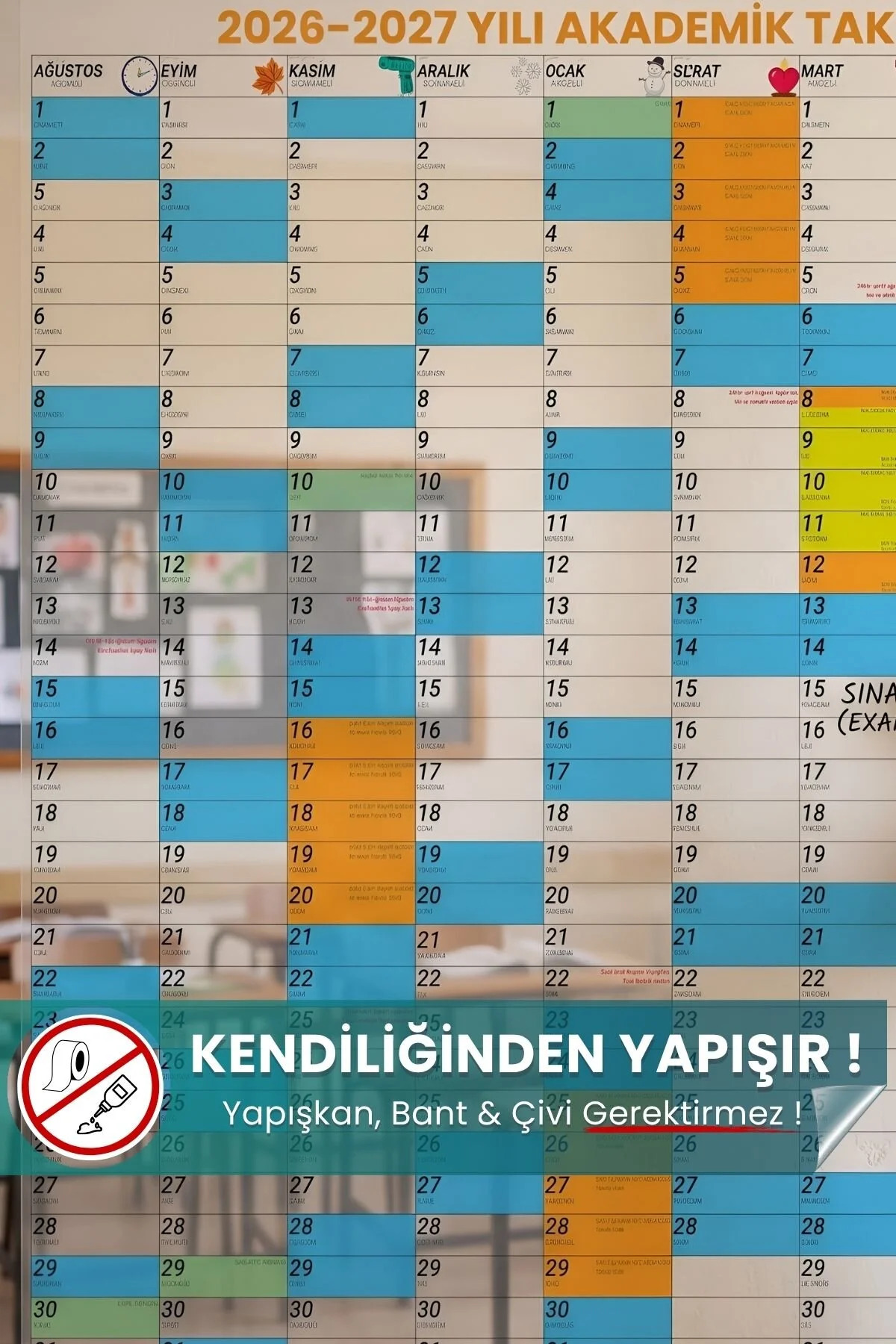 2026-2027 Akademik Takvim Planlayıcı – Statik Yapışan Akıllı Kağıt (100 x 120 cm)