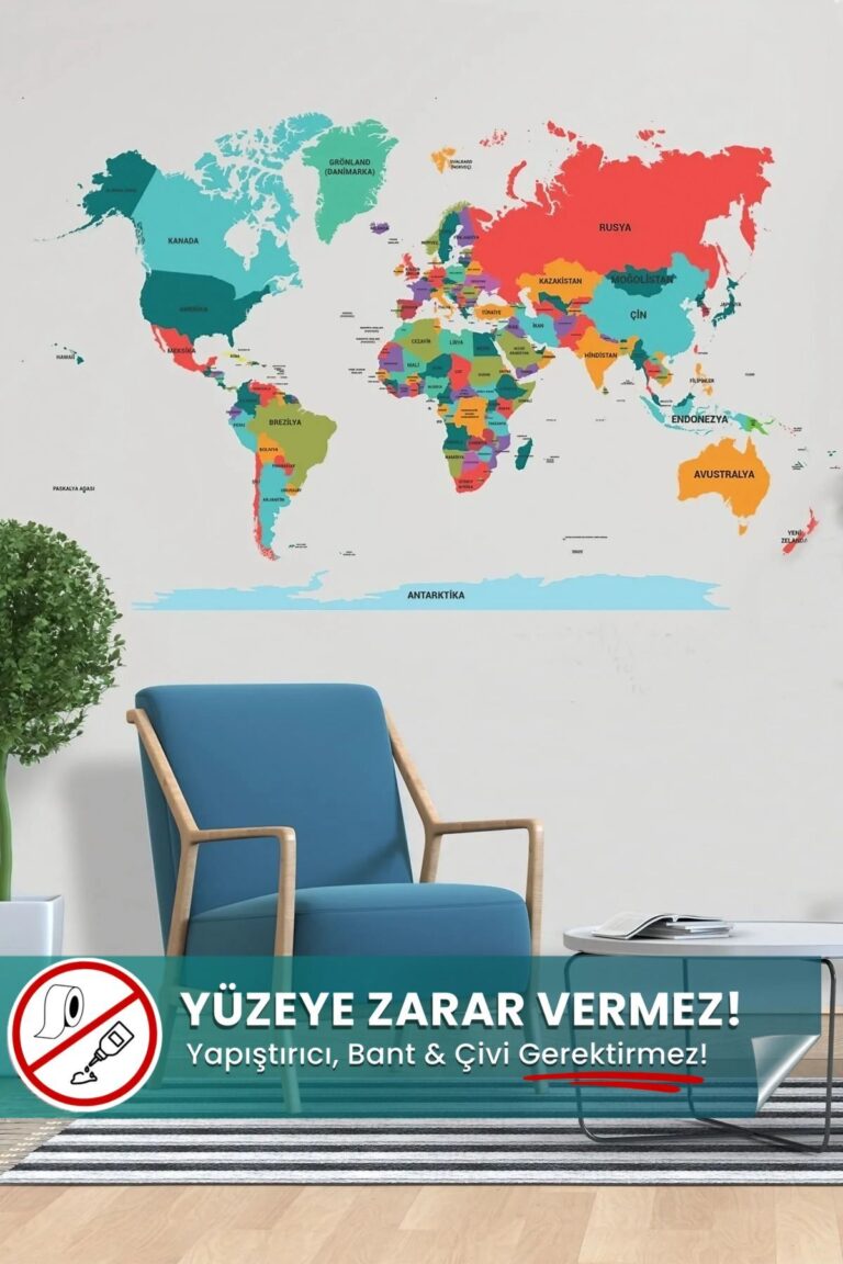 Şeffaf Renkli Dünya Haritası – Elektrostatik Akıllı Kağıt (150x95 cm)