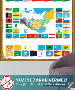 Türk Dünyası Haritası, Bayrakları ve Türklerin Yaşadığı Bölgeler Statik Tutunan Akıllı Kağıt Harita