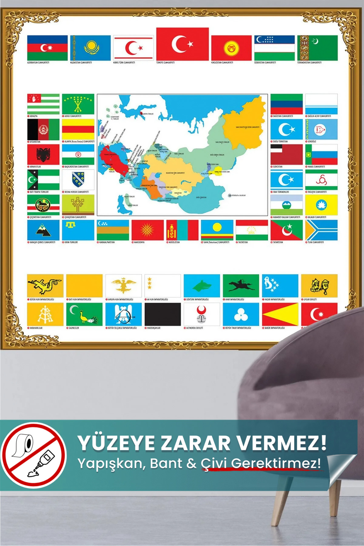 Türk Dünyası Haritası, Bayrakları ve Türklerin Yaşadığı Bölgeler Statik Tutunan Akıllı Kağıt Harita