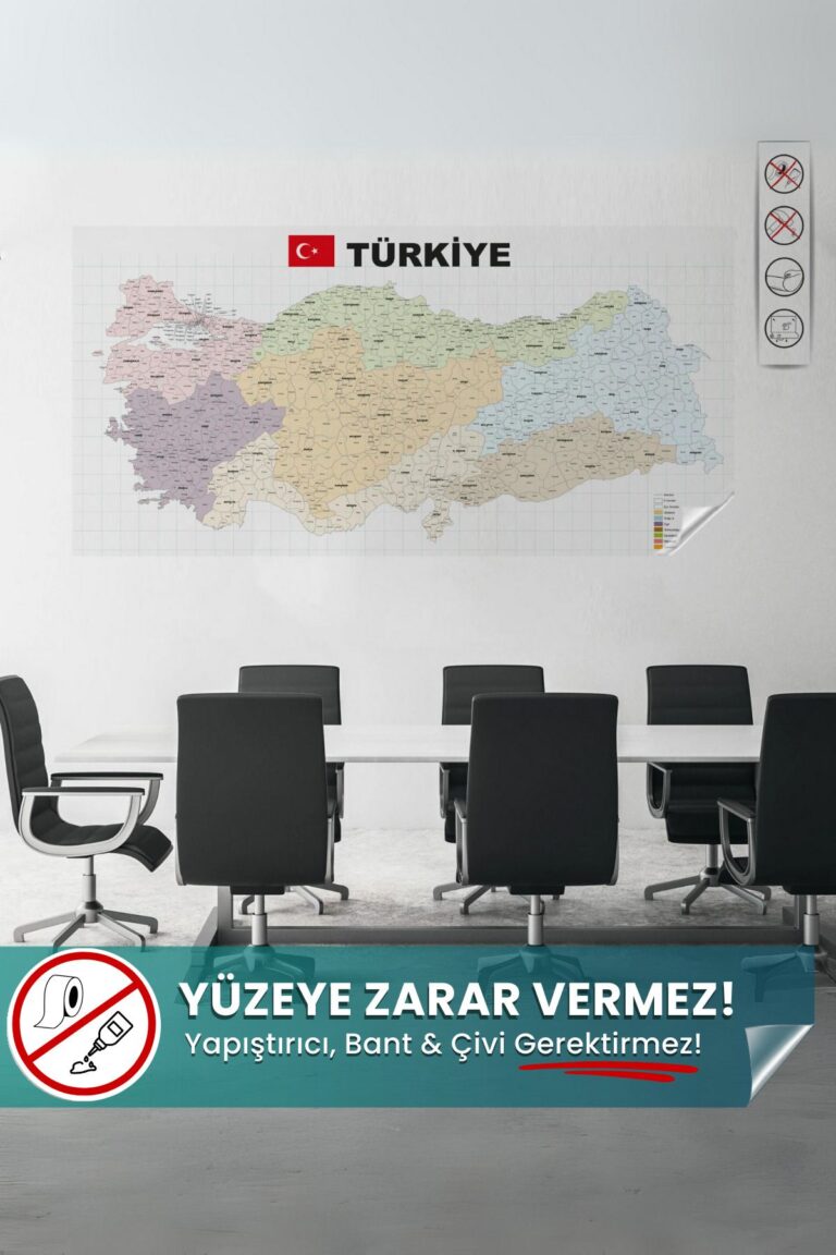 Türkiye İl ve İlçe Haritası - 70x150 cm Şeffaf Statik Akıllı Kağıt