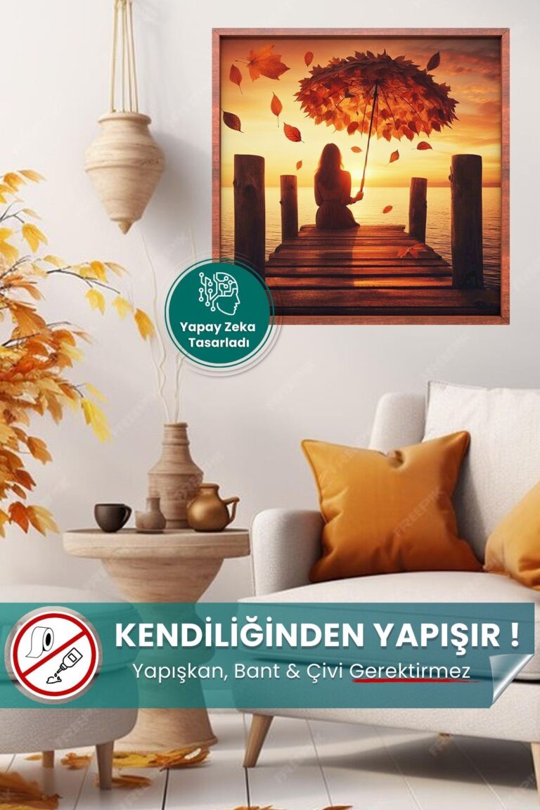Yapraktan Şemsiyeli İskelede Oturan Kadın yapışkansız statik akıllı kağıt