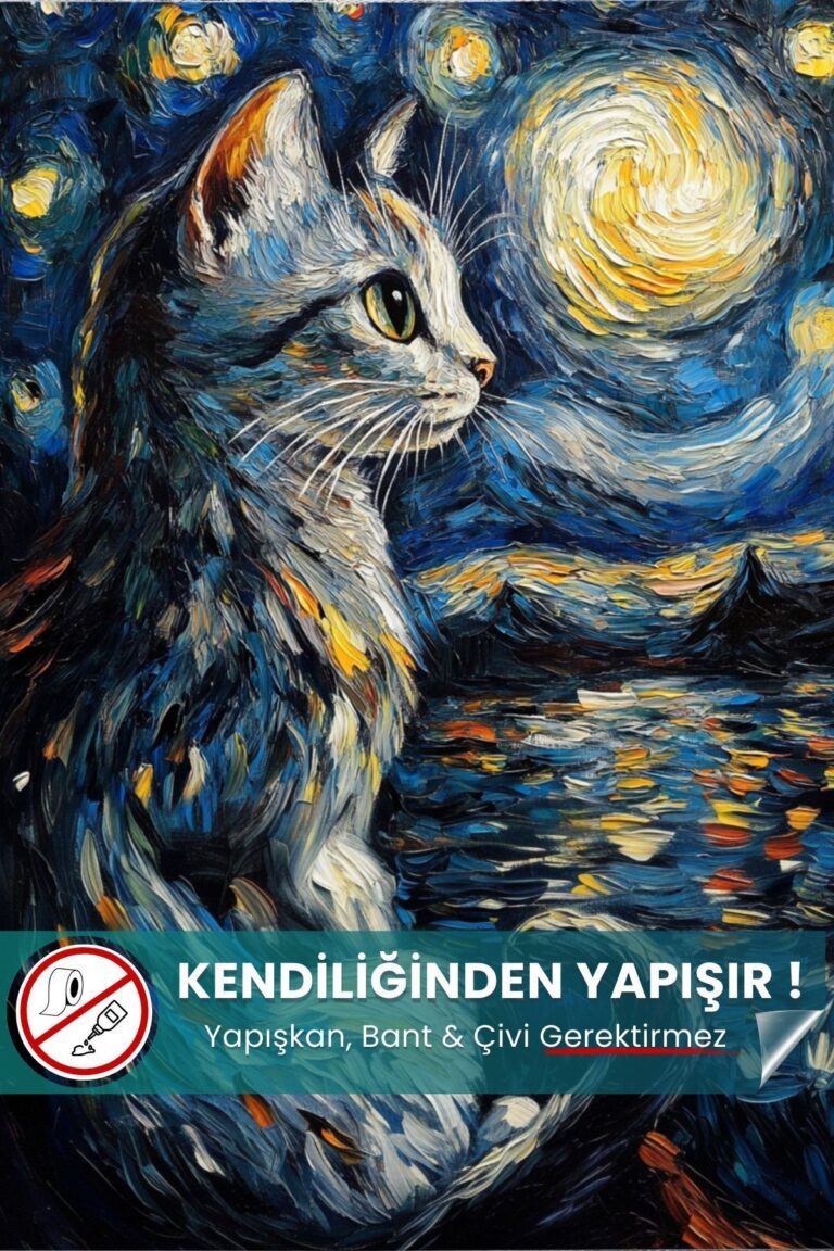 Yıldızlı Gece Kedi Posteri - Van Gogh Temalı Akıllı Kağıt Premium Poster