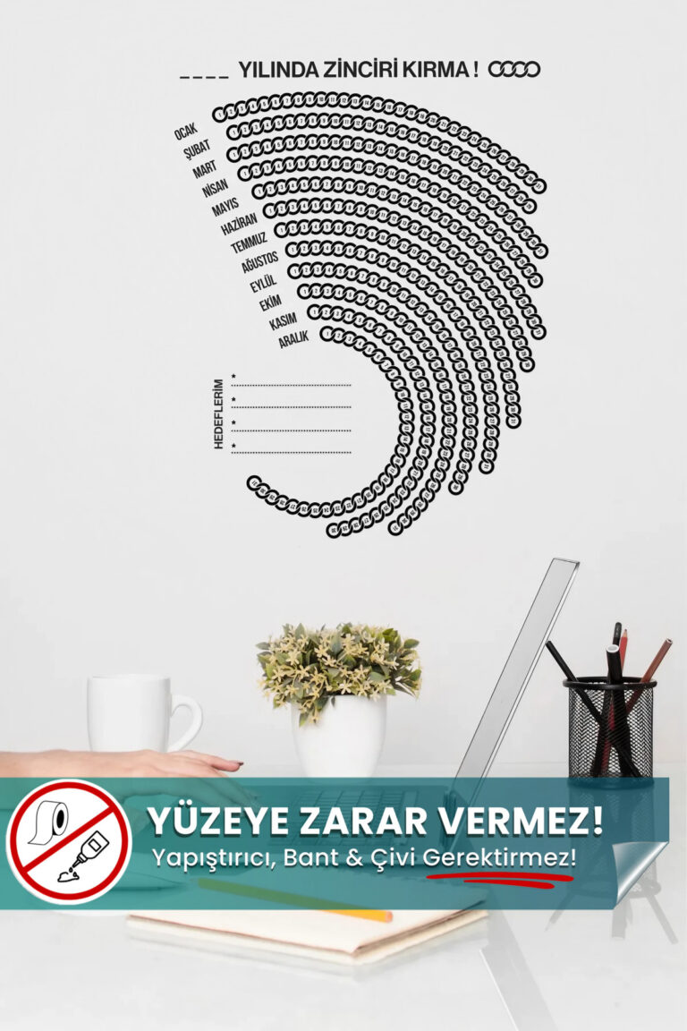 Zinciri Kırma Takvimi - Yapışkansız Tutunan, Yazılıp Silinen Akıllı Kağıt Yazı Tahtası Sihirli Pano (70x50 cm)