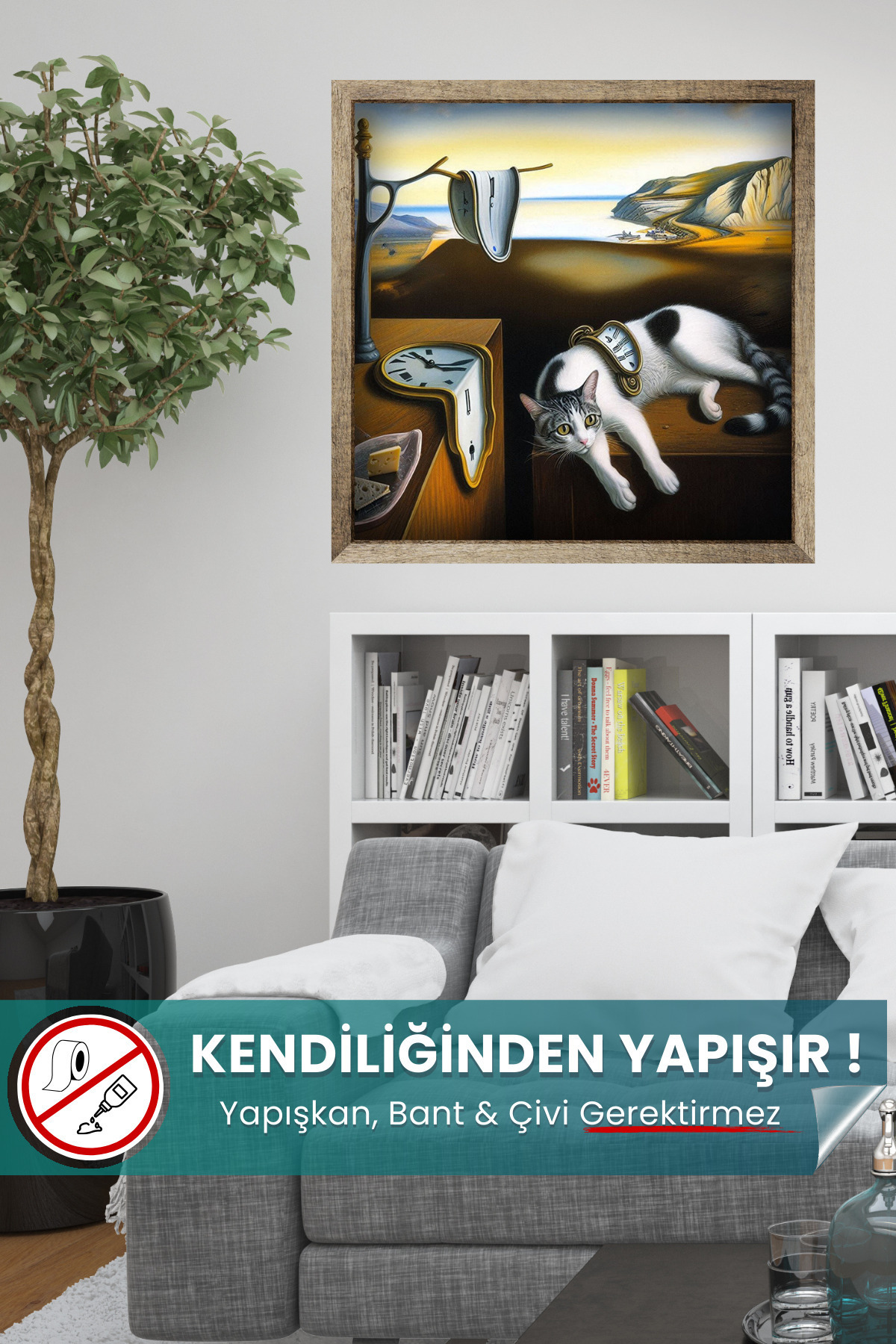 Belleğin Azmi Salvador Dali Kedi Posteri - Yapışkansız Statik Akıllı Kağıt (50x50 cm)