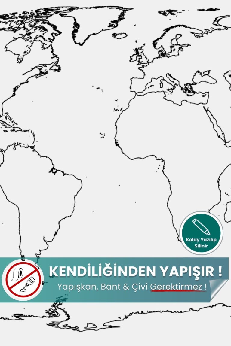 Dilsiz Dünya Haritası – Yapışkansız, Yaz-Sil Özellikli Akıllı Kağıt (Ülke Bölmesiz)