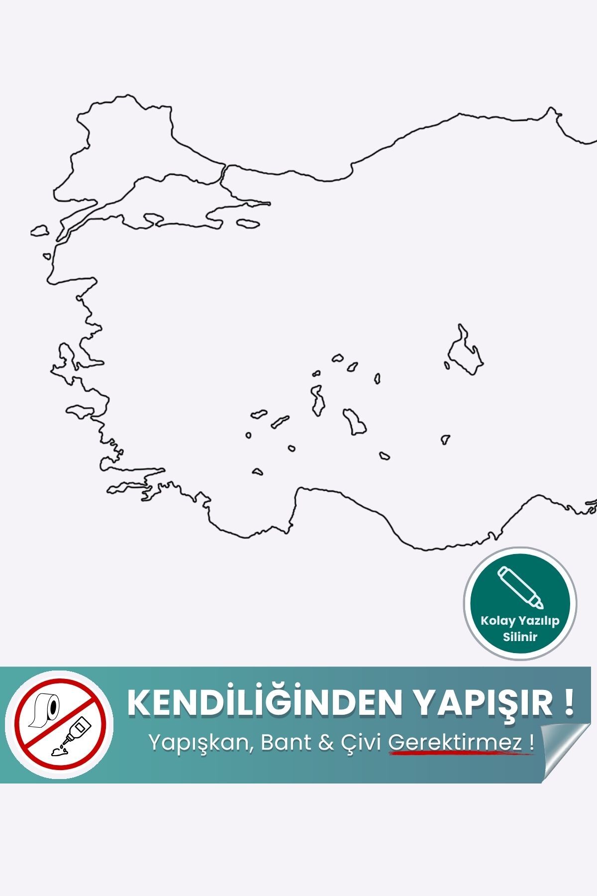 Dilsiz Türkiye Haritası - Yapışkansız Tutunma ve Yaz-Sil Özellikli Akıllı Kağıt (Şehir Bölmesiz)