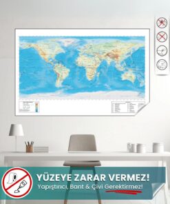 Dünya Fiziki Harita - Yapışkansız Tutunan Statik Sihirli Akıllı Kağıt (75x116 cm)