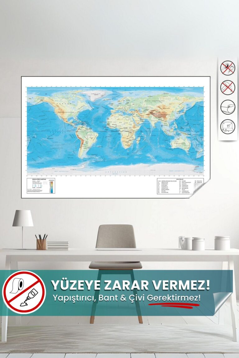 Dünya Fiziki Harita - Yapışkansız Tutunan Statik Sihirli Akıllı Kağıt (75x116 cm)