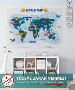 Hayvanlı Dünya Haritası - Çocuklar İçin Eğlenceli ve Eğitici Statik Akıllı Kağıt Duvar Stickerı (98x65 cm)