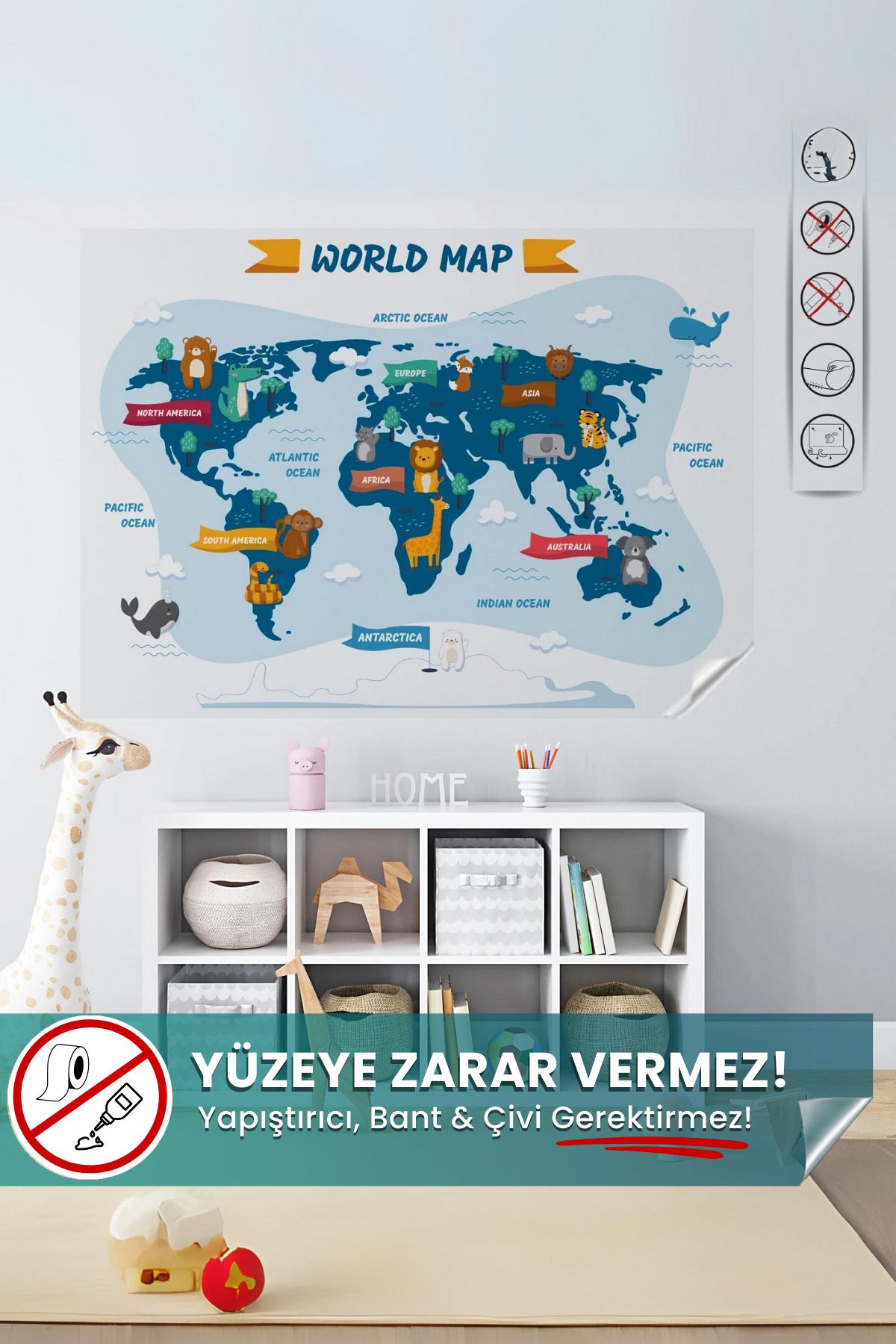 Hayvanlı Dünya Haritası - Çocuklar İçin Eğlenceli ve Eğitici Statik Akıllı Kağıt Duvar Stickerı (98x65 cm)