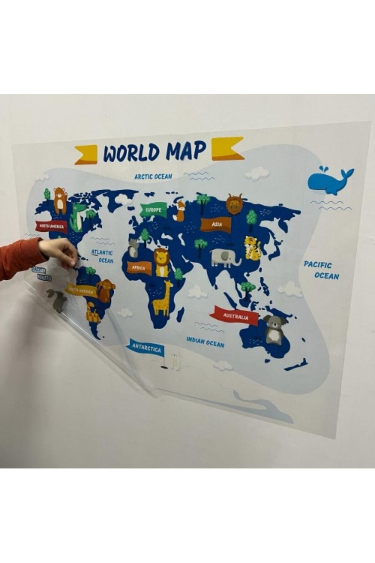 Hayvanlı Dünya Haritası - Çocuklar İçin Eğlenceli ve Eğitici Statik Akıllı Kağıt Duvar Stickerı (98x65 cm) - Görsel 3