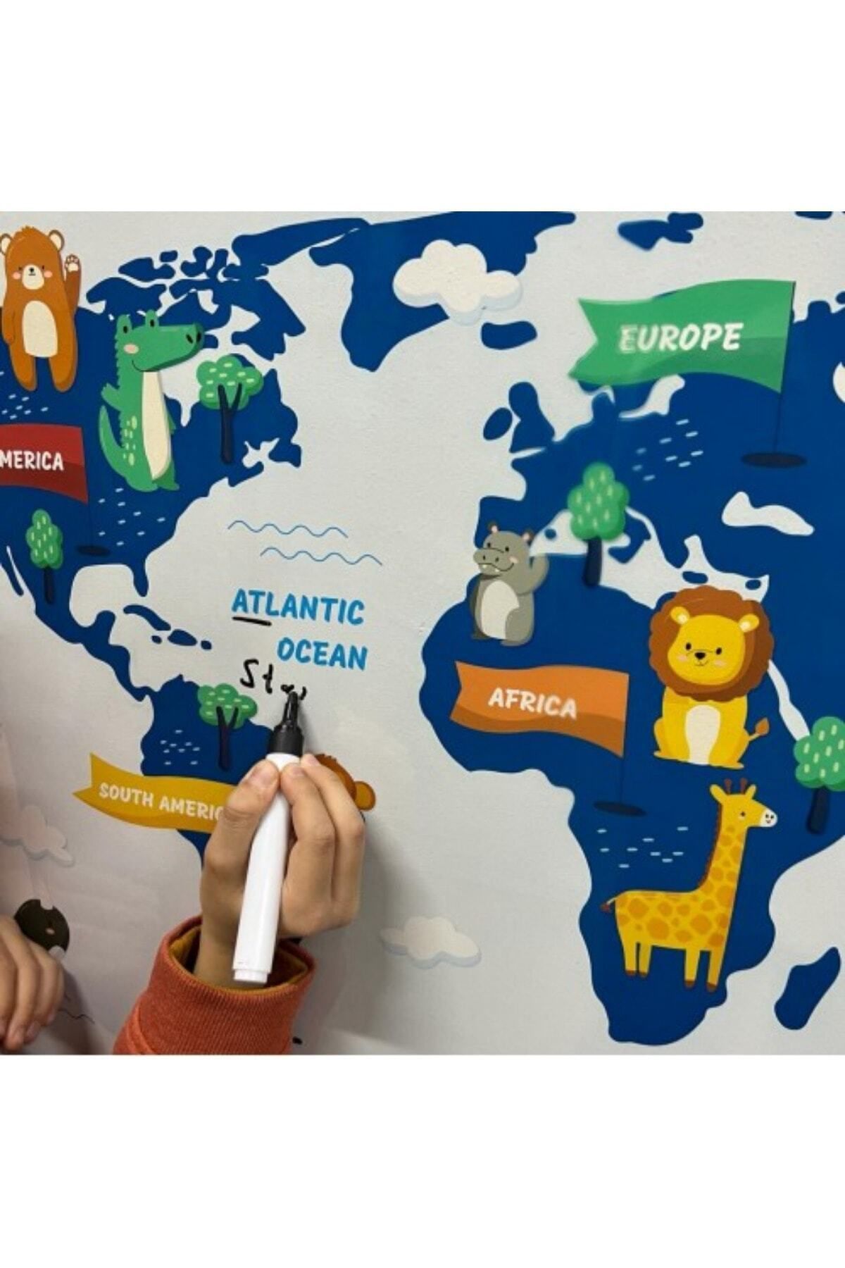 Hayvanlı Dünya Haritası - Çocuklar İçin Eğlenceli ve Eğitici Statik Akıllı Kağıt Duvar Stickerı (98x65 cm) - Görsel 4
