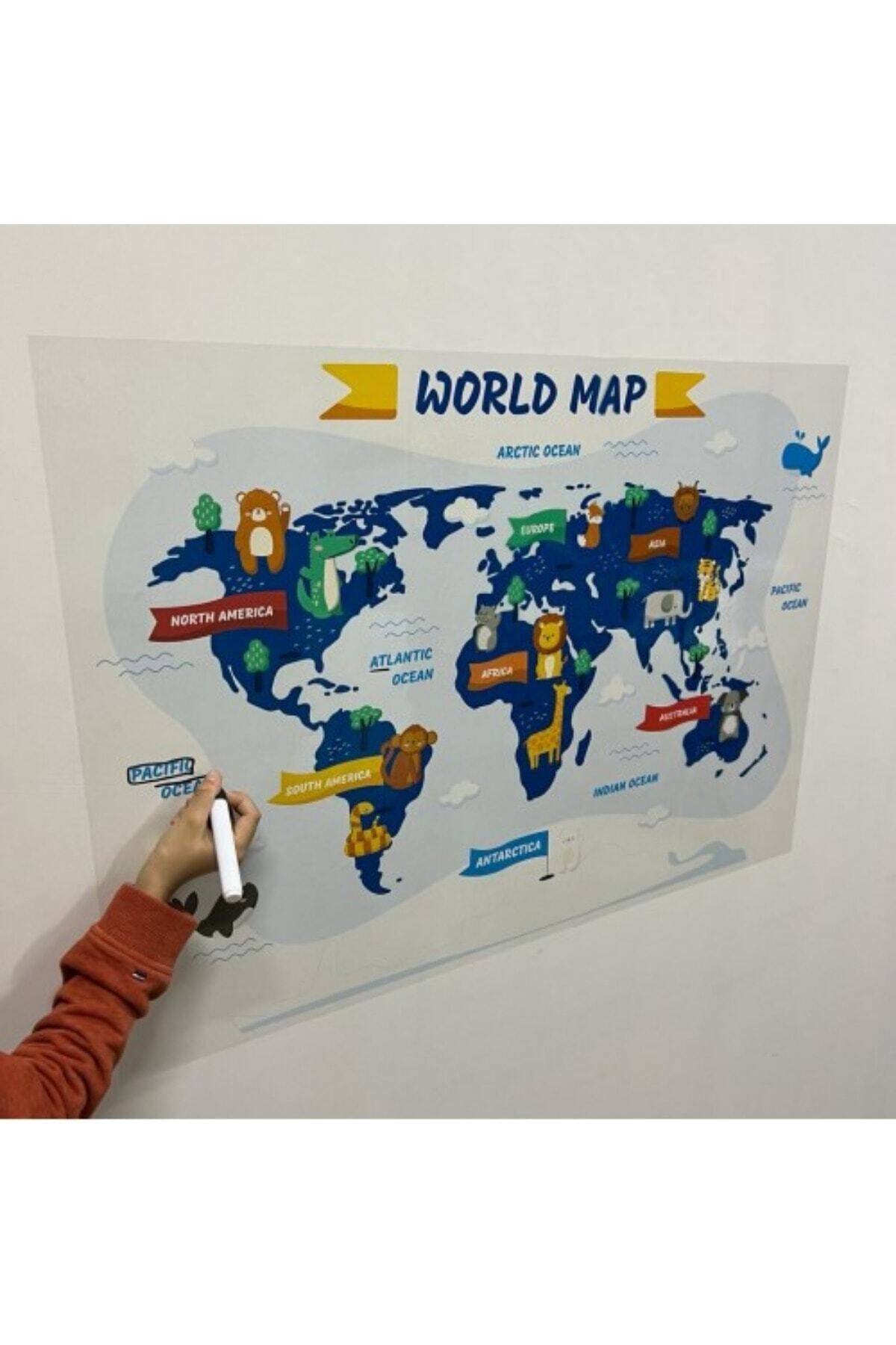 Hayvanlı Dünya Haritası - Çocuklar İçin Eğlenceli ve Eğitici Statik Akıllı Kağıt Duvar Stickerı (98x65 cm) - Görsel 5