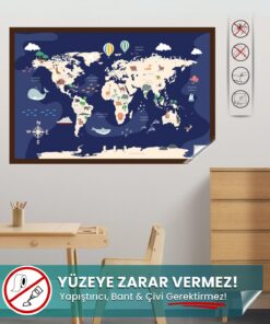 Hayvanlı Dünya Haritası - Eğlenceli Çocuk Odası Sticker | Yapışkansız Sihirli Akıllı Kağıt