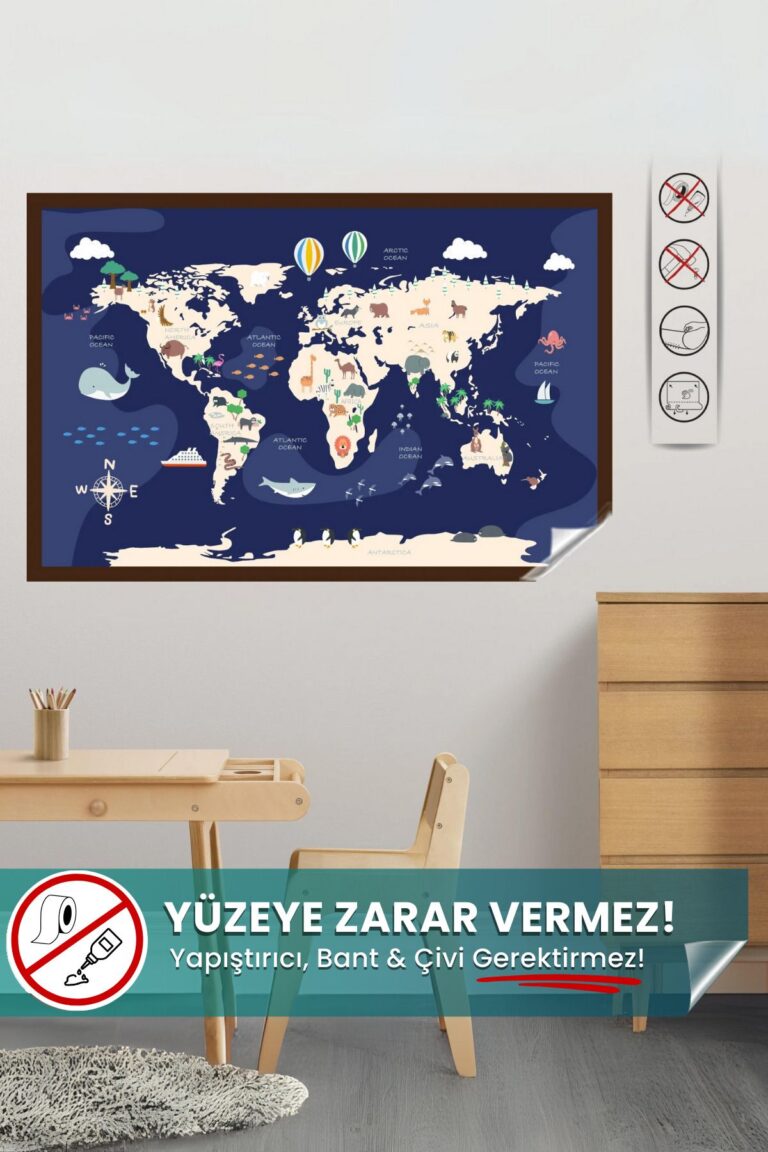 Hayvanlı Dünya Haritası - Eğlenceli Çocuk Odası Sticker | Yapışkansız Sihirli Akıllı Kağıt