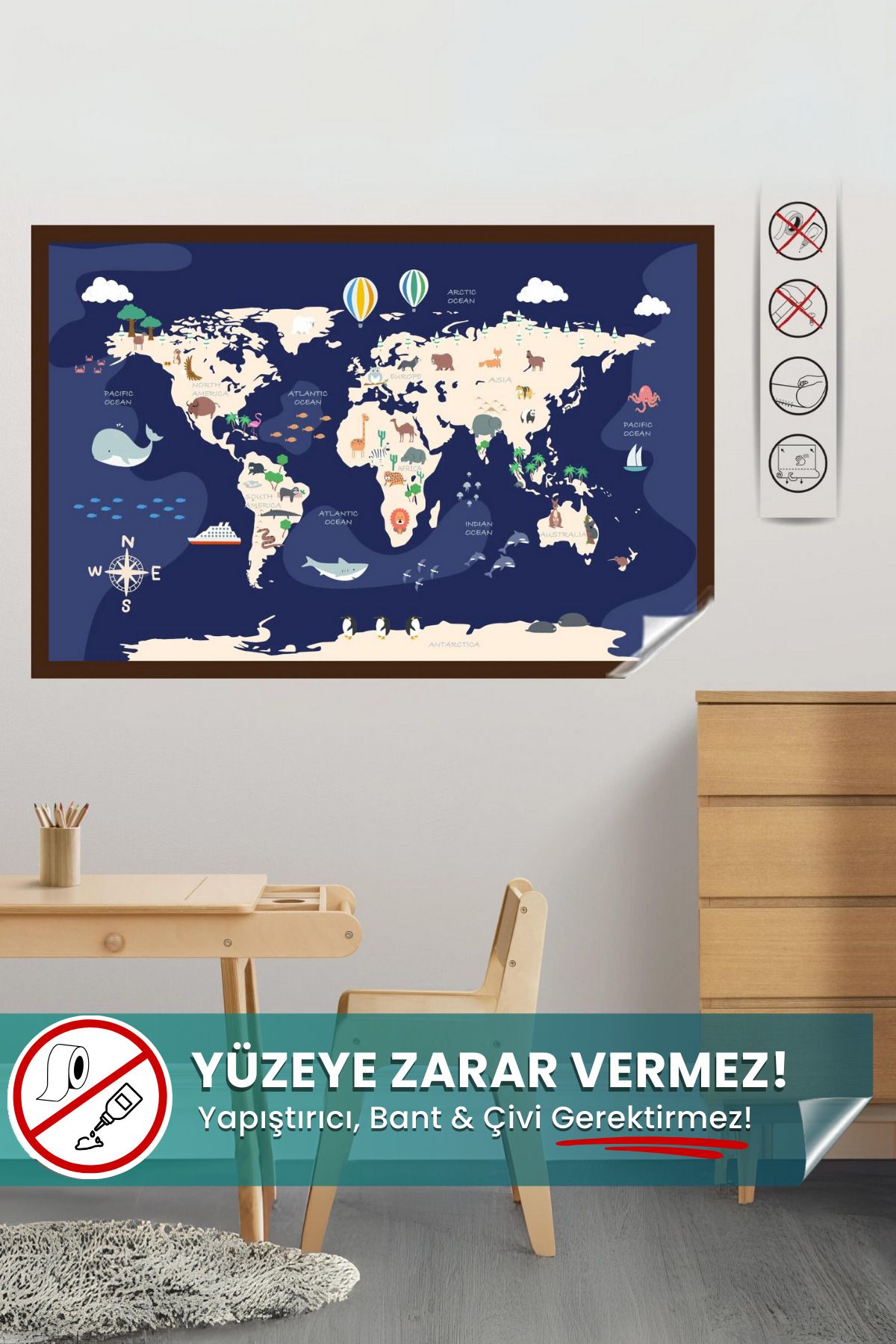 Hayvanlı Dünya Haritası - Eğlenceli Çocuk Odası Sticker | Yapışkansız Sihirli Akıllı Kağıt