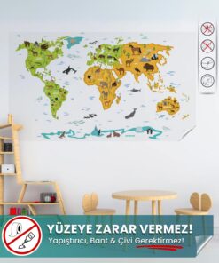 Şeffaf Renkli Hayvanlı Dünya Haritası yapışkansız statik akıllı kağıt