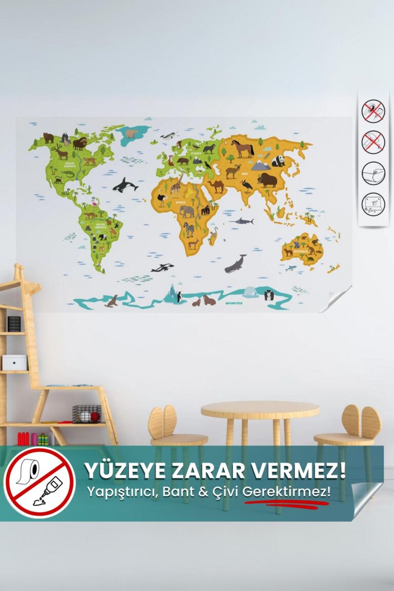 Şeffaf Renkli Hayvanlı Dünya Haritası yapışkansız statik akıllı kağıt