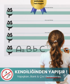 Kedili Kılavuz Çizgili Yazı Tahtası – Sihirli Akıllı Kağıt (100x56 cm)