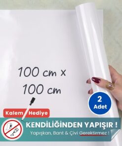 100x100 cm beyaz statik kağıt yazı tahtası – duvara yapışkansız tutunur, kalem hediyeli, kolayca silinir