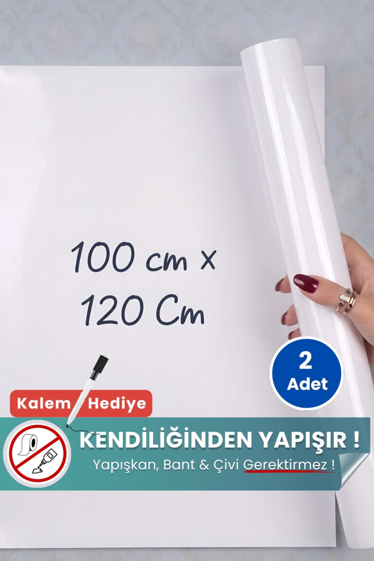 100x120 cm beyaz statik kağıt yazı tahtası – duvara yapışkansız tutunur, kalem hediyeli, kolayca silinir