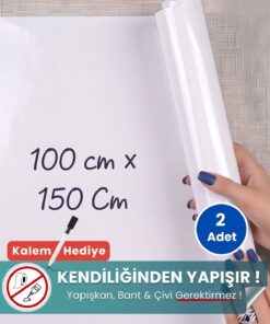 100x150 cm beyaz statik kağıt yazı tahtası – duvara yapışkansız tutunur, kalem hediyeli, kolayca silinir