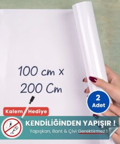 100x200 cm beyaz statik kağıt yazı tahtası – duvara yapışkansız tutunur, kalem hediyeli, kolayca silinir