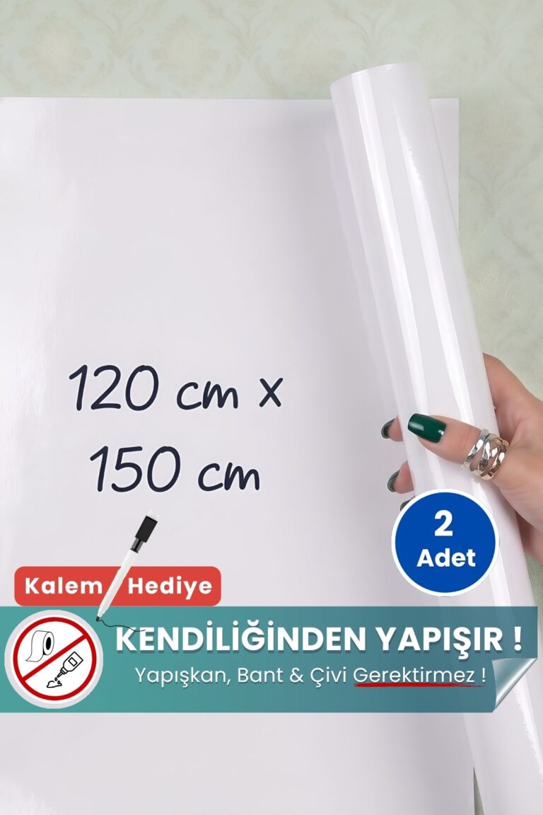 120x150 cm beyaz statik kağıt yazı tahtası – duvara yapışkansız tutunur, kalem hediyeli, kolayca silinir