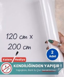 120x200 cm beyaz statik kağıt yazı tahtası – duvara yapışkansız tutunur, kalem hediyeli, kolayca silinir
