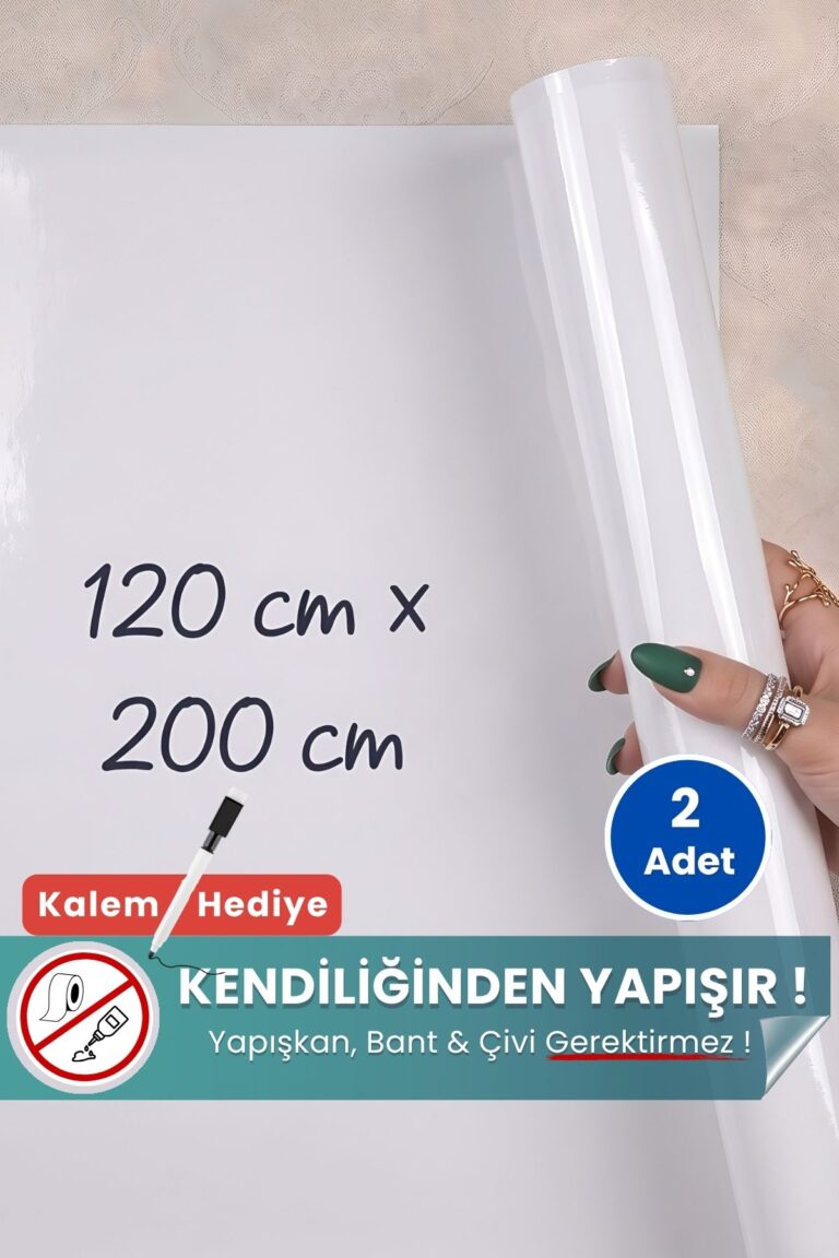 120x200 cm beyaz statik kağıt yazı tahtası – duvara yapışkansız tutunur, kalem hediyeli, kolayca silinir