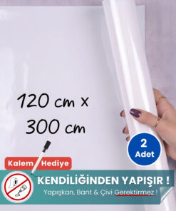 120x300 cm beyaz statik kağıt yazı tahtası – duvara yapışkansız tutunur, kalem hediyeli, kolayca silinir