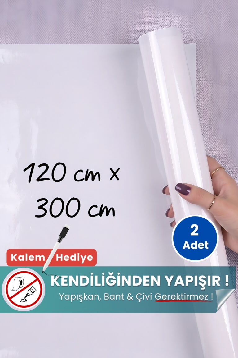 120x300 cm beyaz statik kağıt yazı tahtası – duvara yapışkansız tutunur, kalem hediyeli, kolayca silinir