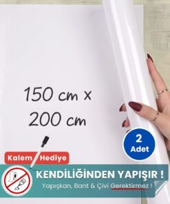 150x200 cm beyaz statik kağıt yazı tahtası – duvara yapışkansız tutunur, kalem hediyeli, kolayca silinir