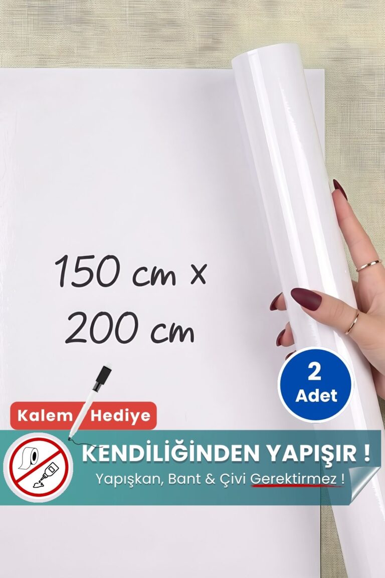 150x200 cm beyaz statik kağıt yazı tahtası – duvara yapışkansız tutunur, kalem hediyeli, kolayca silinir