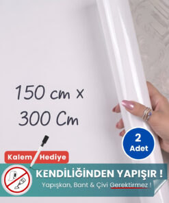 150x300 cm beyaz statik kağıt yazı tahtası – duvara yapışkansız tutunur, kalem hediyeli, kolayca silinir