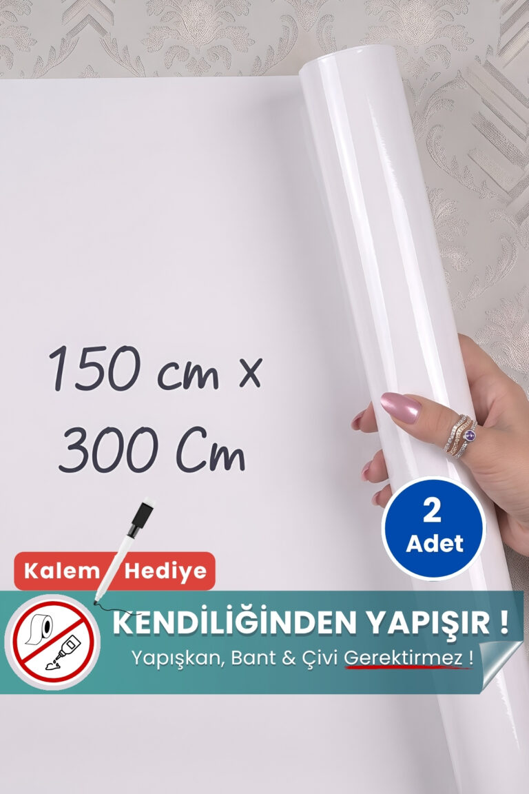 150x300 cm beyaz statik kağıt yazı tahtası – duvara yapışkansız tutunur, kalem hediyeli, kolayca silinir