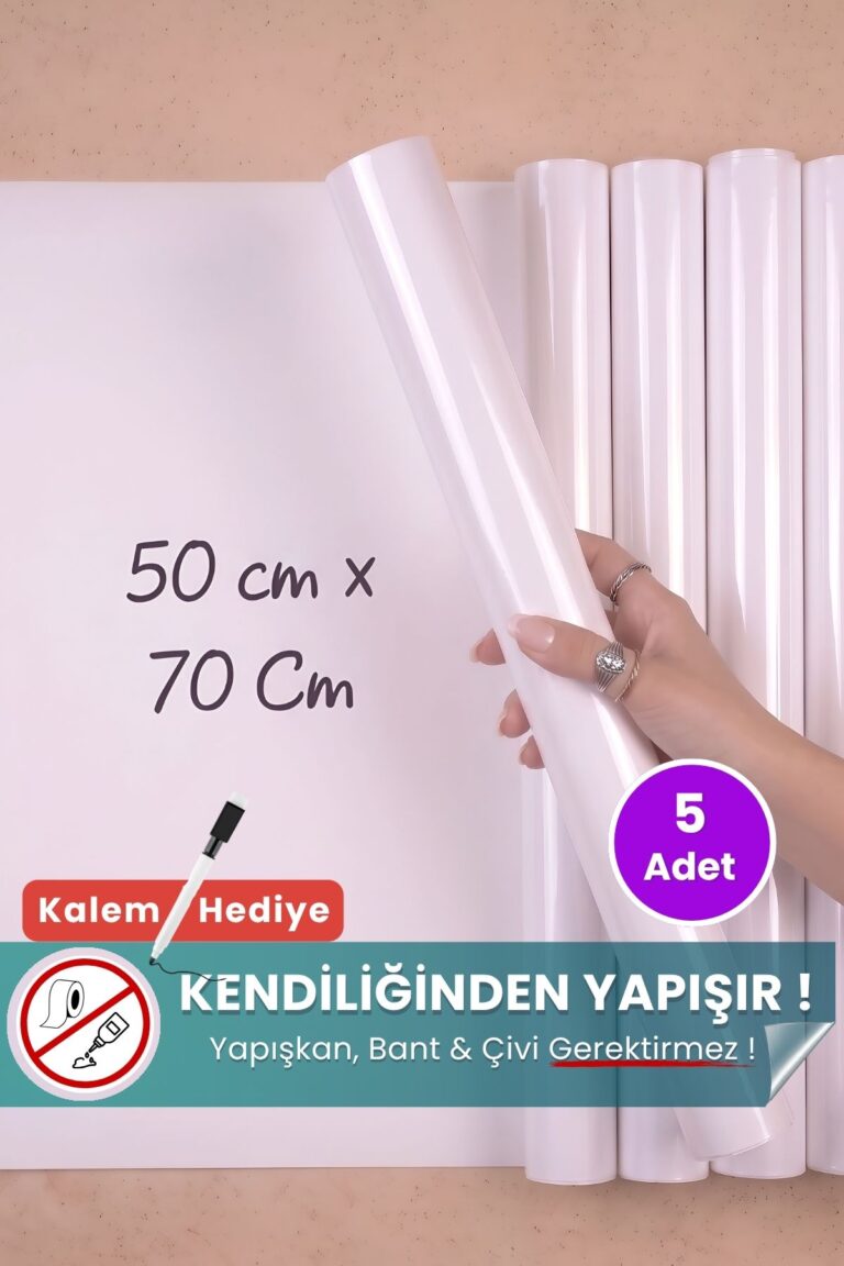 50x70 cm beyaz statik kağıt yazı tahtası 5'li set – duvara yapışkansız tutunur, kalem hediyeli, kolayca silinir