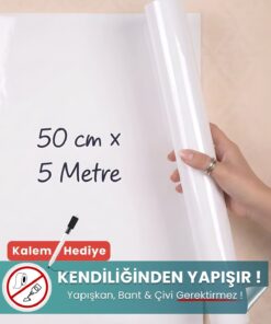 50 cm x 5 metre beyaz kes-kullan statik kağıt yazı tahtası rulosu – duvara yapışkansız tutunur, kalem hediyeli, kolayca silinir