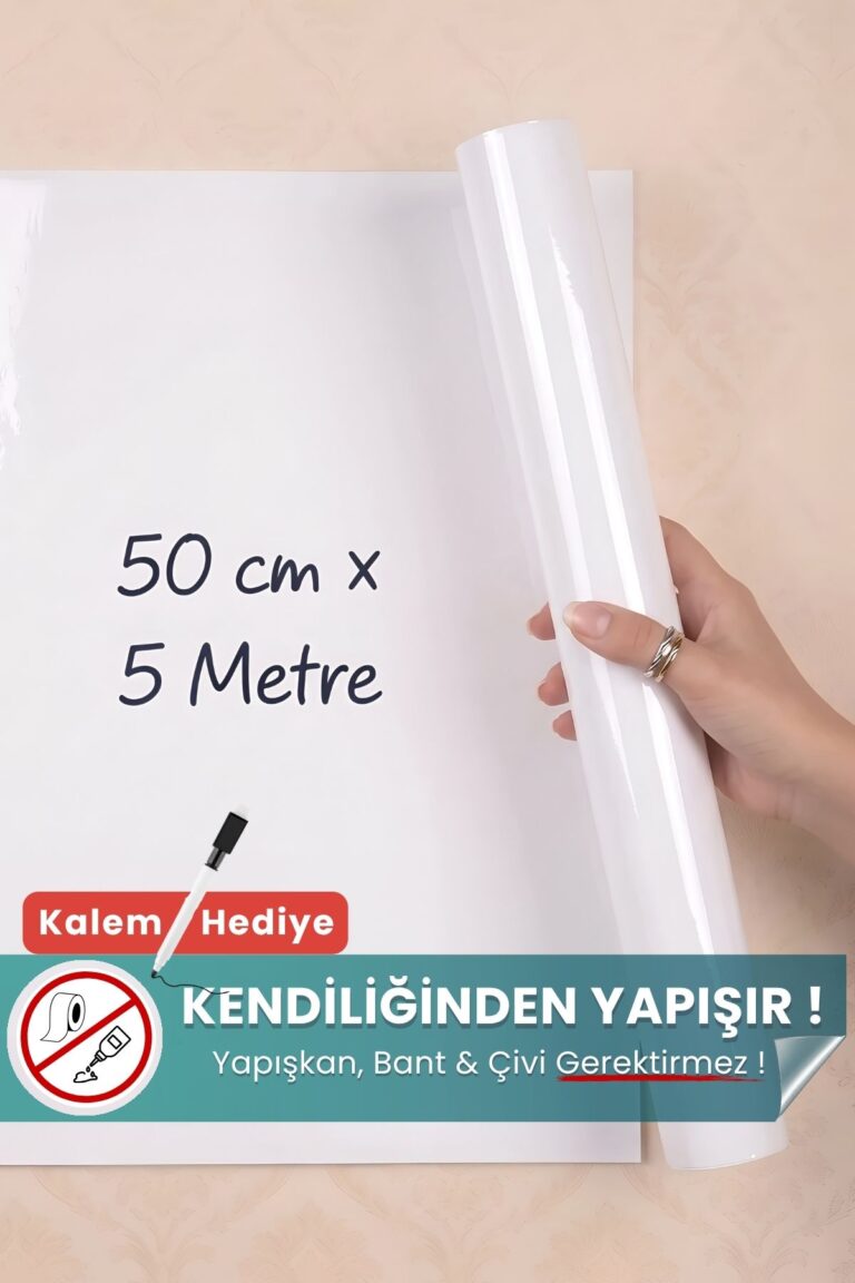 50 cm x 5 metre beyaz kes-kullan statik kağıt yazı tahtası rulosu – duvara yapışkansız tutunur, kalem hediyeli, kolayca silinir
