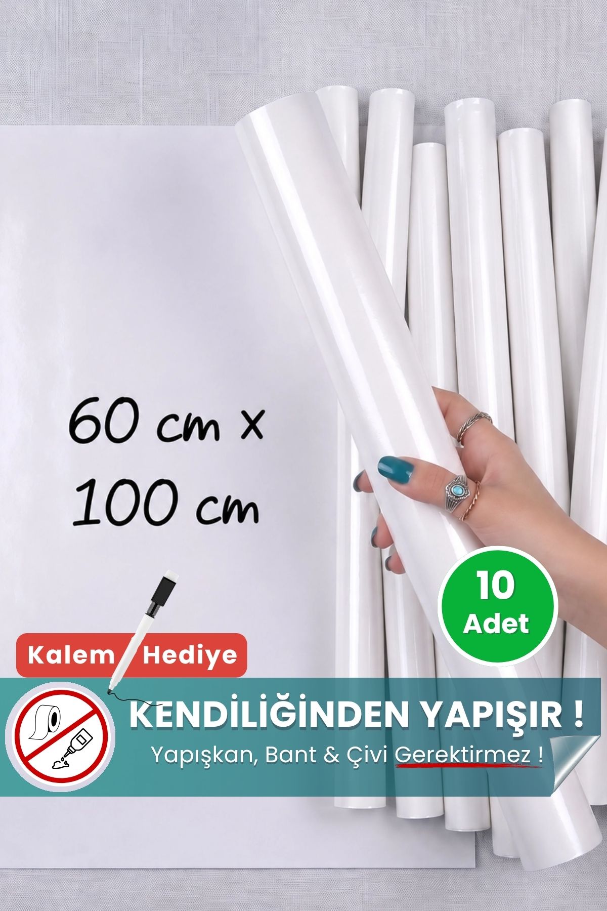 60x100 cm beyaz statik kağıt yazı tahtası 10'lu set – duvara yapışkansız tutunur, kalem hediyeli, kolayca silinir