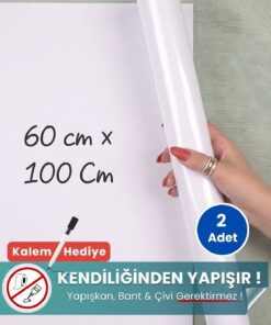 60x100 cm beyaz statik kağıt yazı tahtası – duvara yapışkansız tutunur, kalem hediyeli, kolayca silinir