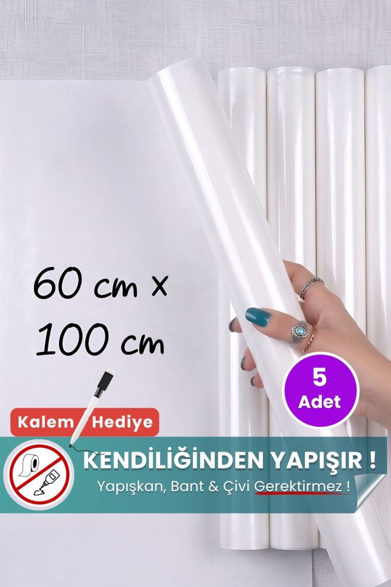 60x100 cm beyaz statik kağıt yazı tahtası 5'li set – duvara yapışkansız tutunur, kalem hediyeli, kolayca silinir