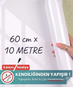 60 cm x 10 metre beyaz kes-kullan statik kağıt yazı tahtası rulosu – duvara yapışkansız tutunur, kalem hediyeli, kolayca silinir